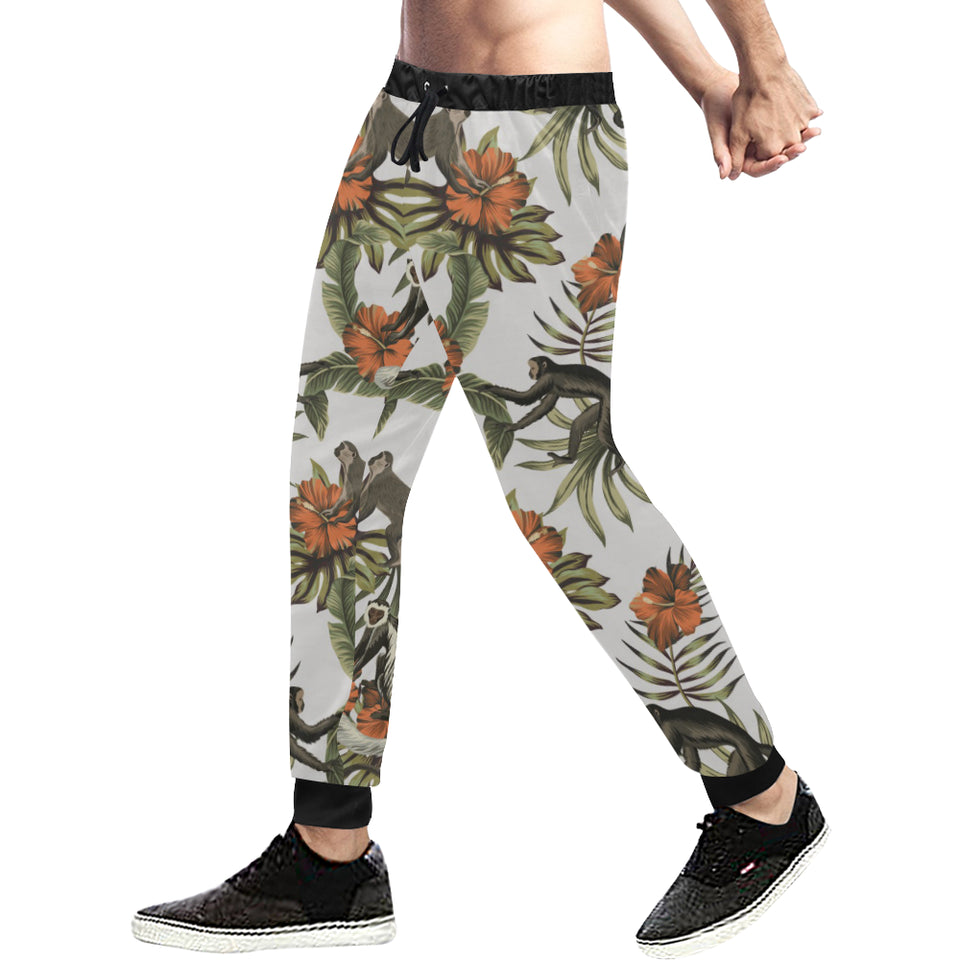 Monkey red hibiscus flower palm leaves floral patt Unisex Casual Sweatpants
