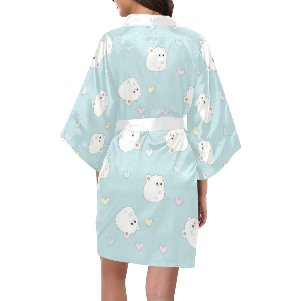 White cute hamsters heart pattern Women's Short Kimono Robe