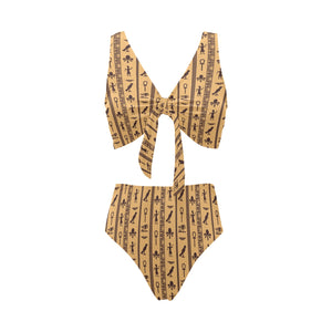 Egypt Hieroglyphics Pattern Print Design 02 Chest Bowknot High Waisted Bikini Swimsuit