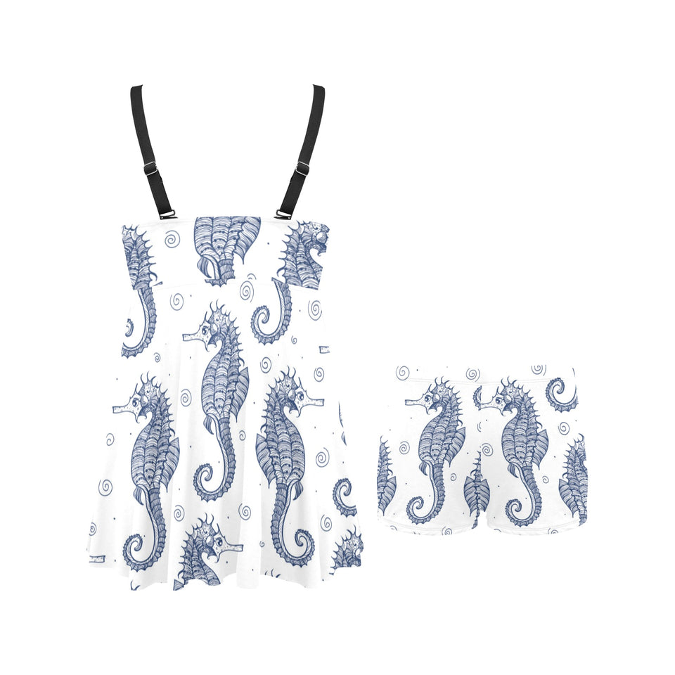 Seahorse pattern background Chest Sexy Pleated Two Piece Swim Dress