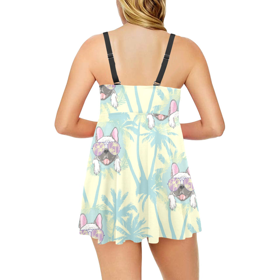 French bulldog hawaii blackground Chest Sexy Pleated Two Piece Swim Dress