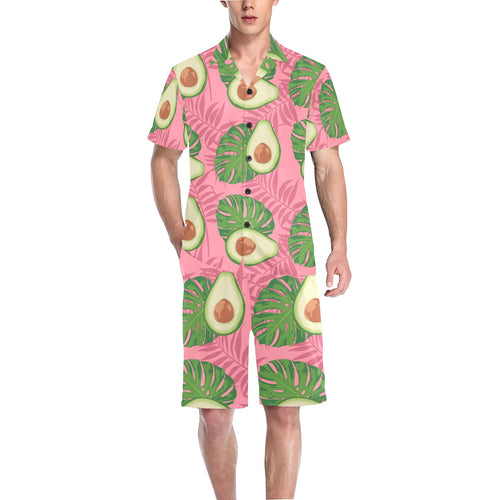 Avocado slices leaves pink back ground Men's V-Neck Short Pajama Set