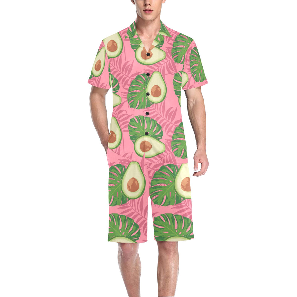 Avocado slices leaves pink back ground Men's V-Neck Short Pajama Set