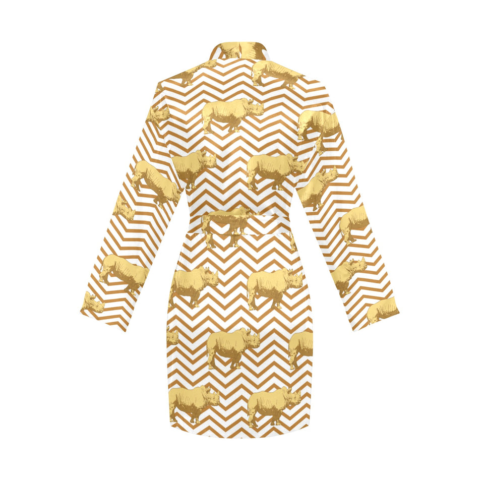 Rhino yellow theme pattern Women's Long Sleeve Belted Night Robe