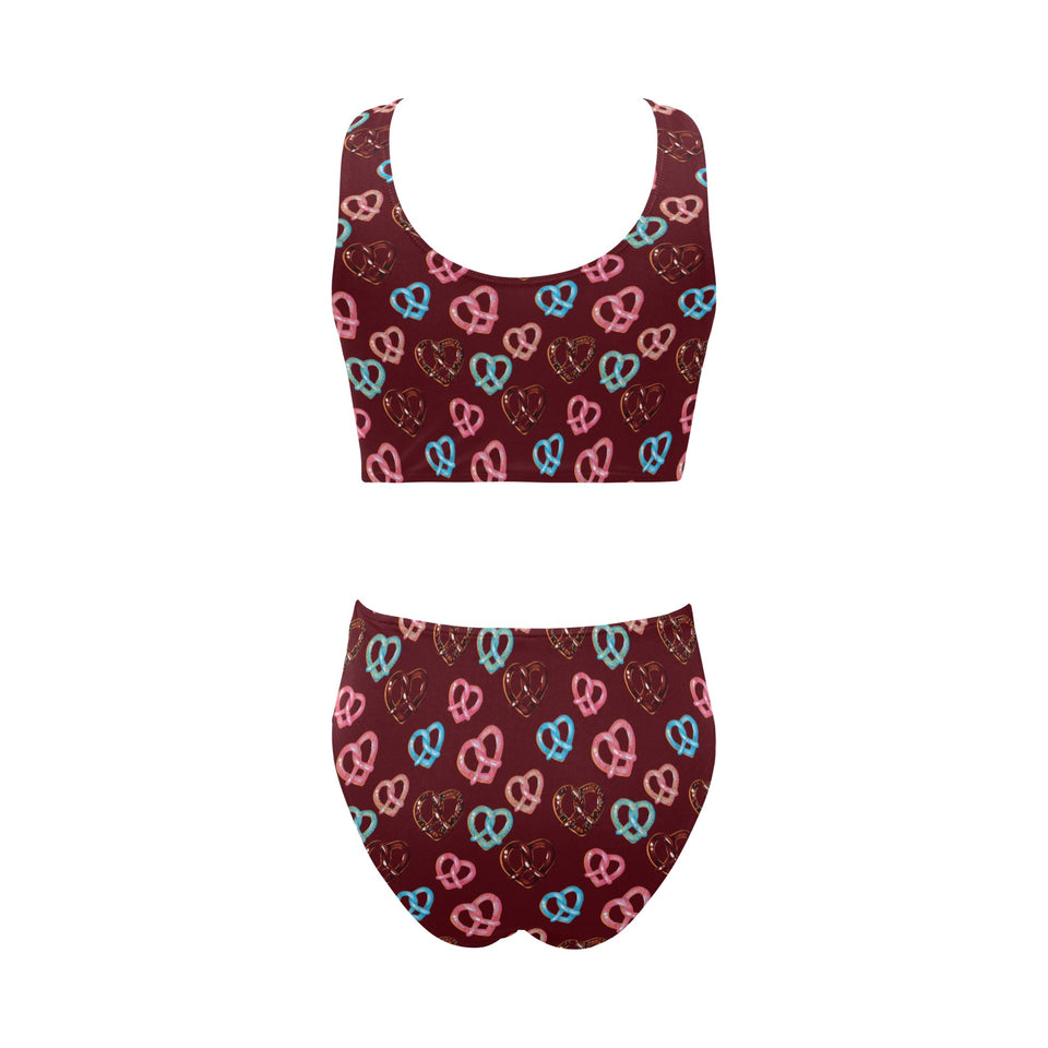 Pretzels Pattern Print Design 05 Chest Bowknot High Waisted Bikini Swimsuit