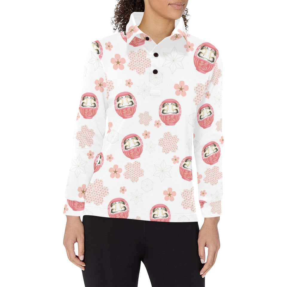 Daruma japanese wooden doll cherry blossom flower Women's Long Sleeve Polo Shirt
