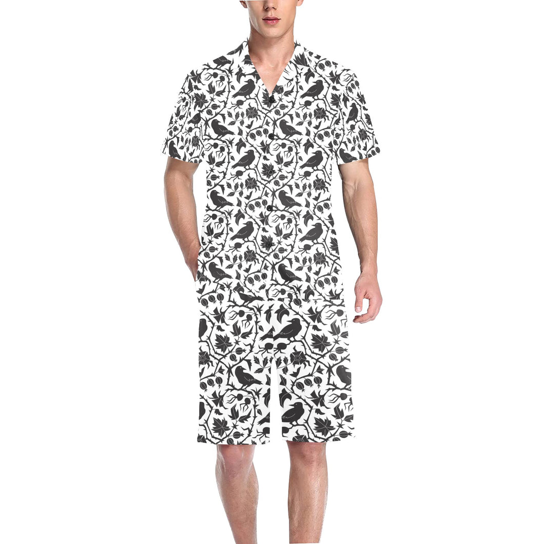 Crow dark floral pattern Men's V-Neck Short Pajama Set