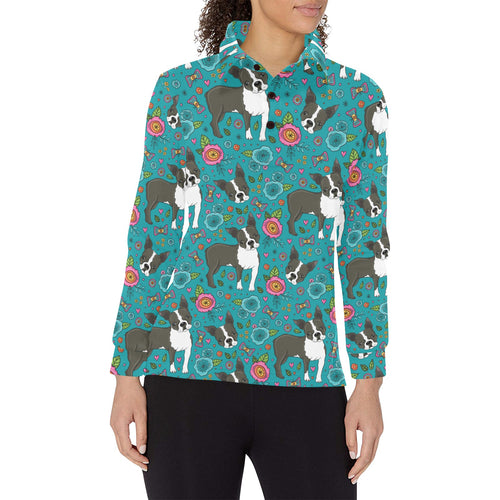 Boston terrier beautiful flower pattern Women's Long Sleeve Polo Shirt
