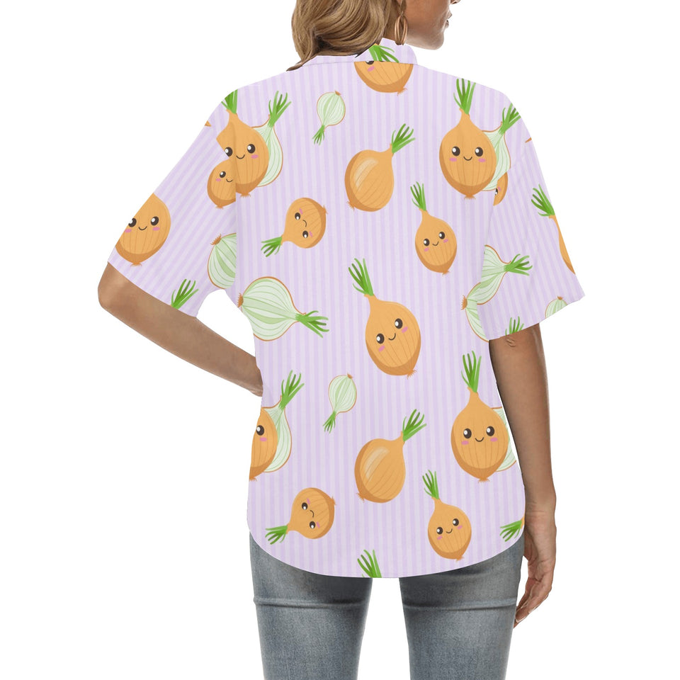cute onions smiling faces purple background Women's All Over Print Hawaiian Shirt