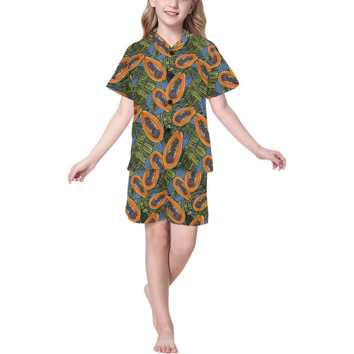 Colorful papaya tropical leaves Kids' Boys' Girls' V-Neck Short Pajama Set