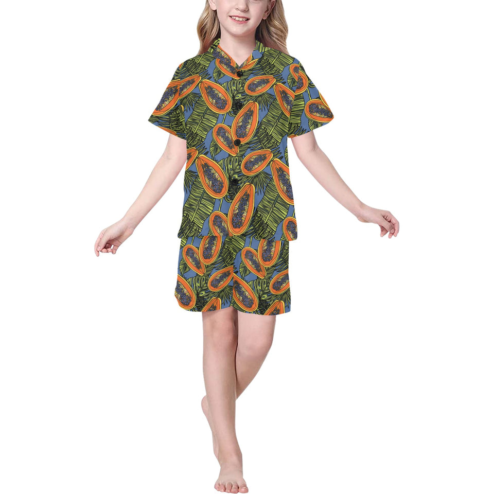 Colorful papaya tropical leaves Kids' Boys' Girls' V-Neck Short Pajama Set