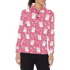 Maneki neko cat sakura pink background Women's Long Sleeve Polo Shirt