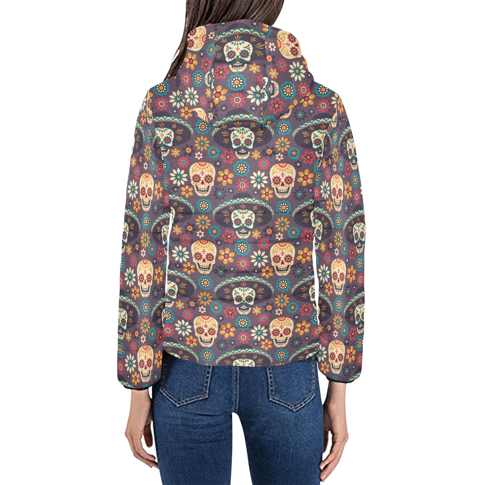 Sugar skulls flower maxican pattern Women's Padded Hooded Jacket