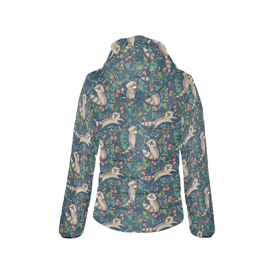 Raccoon tropical leaves pattern Women's Padded Hooded Jacket