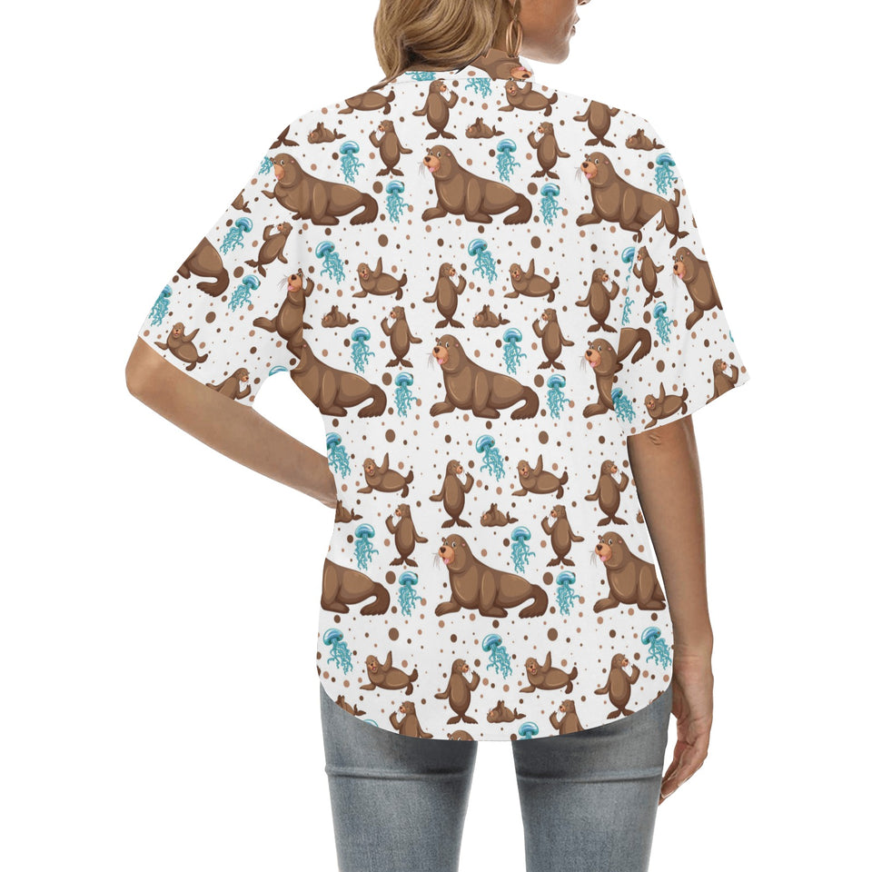 sea lion Seals jellyfish pattern Women's All Over Print Hawaiian Shirt