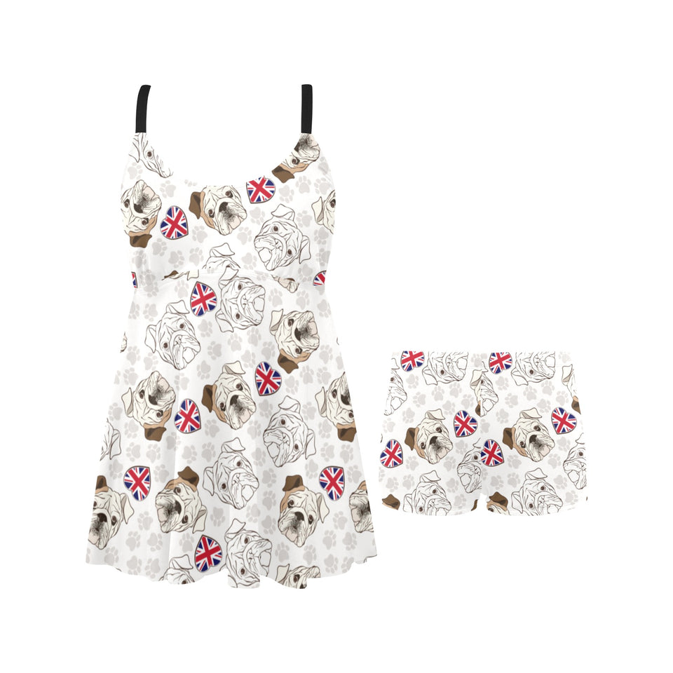 English Bulldog Pattern Print Design 01 Chest Sexy Pleated Two Piece Swim Dress