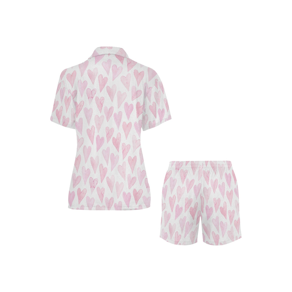 Watercolor pink heart pattern Women's V-Neck Short Pajama Set