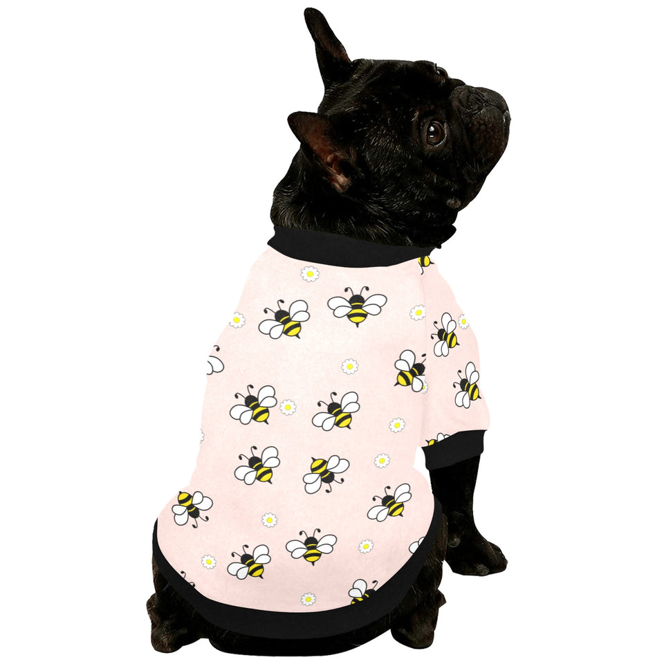 Cute bee flower pattern pink background All Over Print Pet Dog Round Neck Fuzzy Shirt