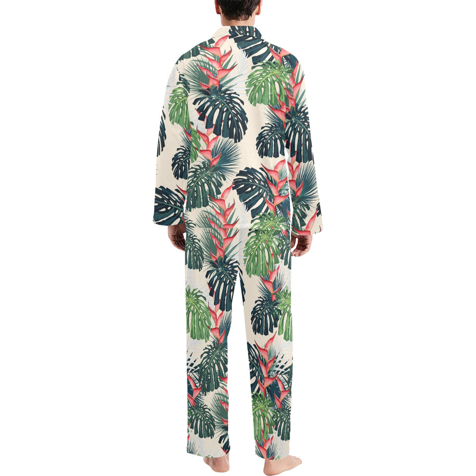 heliconia flowers, palm and monstera leaves Men's Long Pajama Set