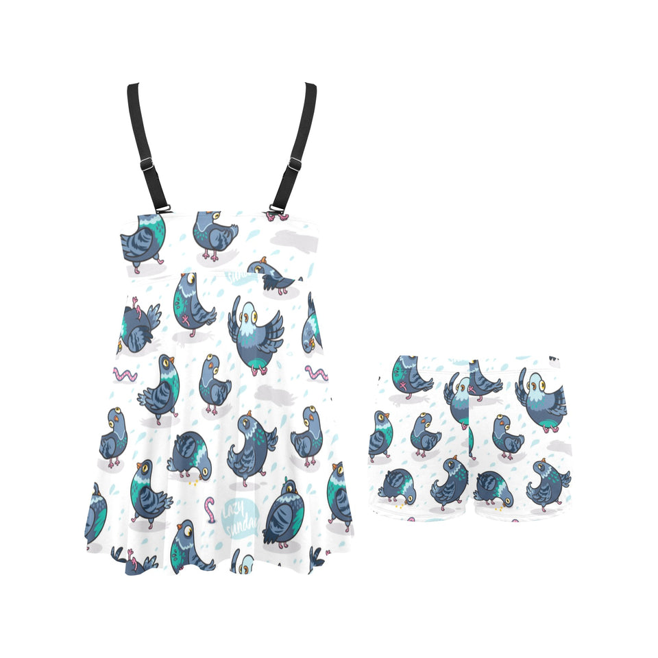 Pigeon Pattern Print Design 02 Chest Sexy Pleated Two Piece Swim Dress