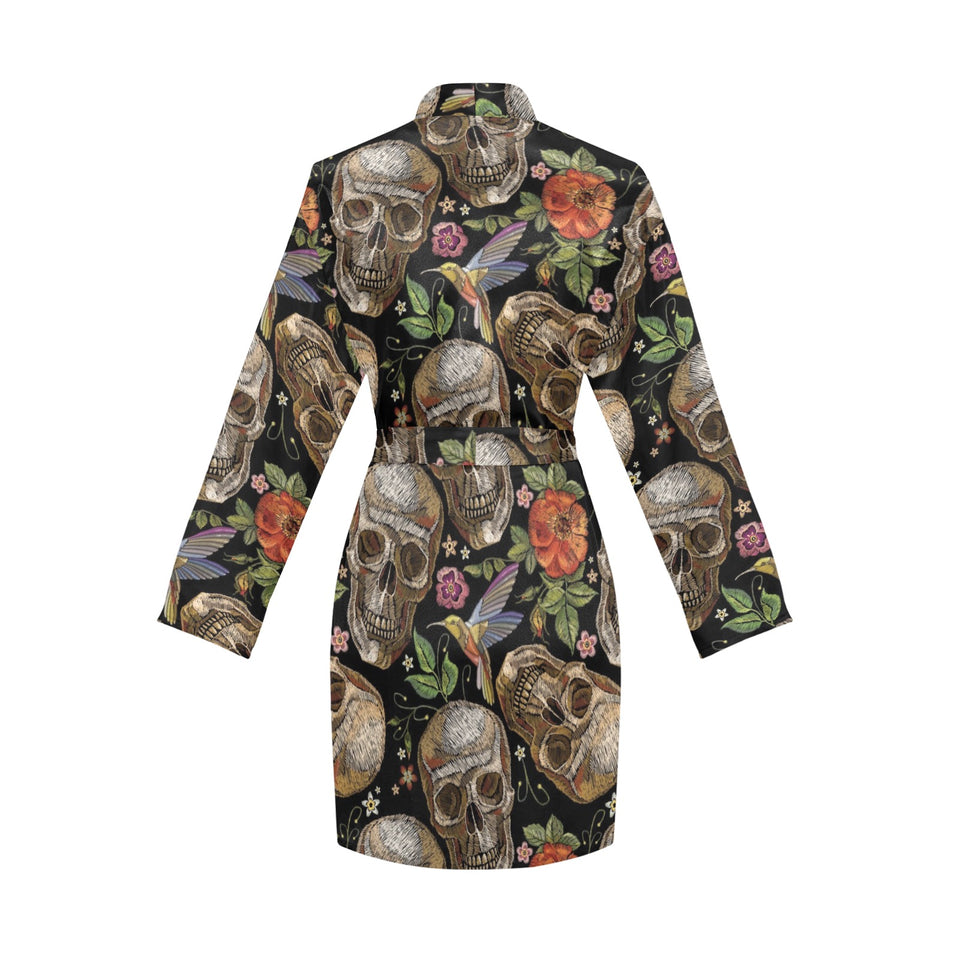 Skull rose humming bird flower pattern Women's Long Sleeve Belted Night Robe