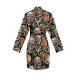 Skull rose humming bird flower pattern Women's Long Sleeve Belted Night Robe