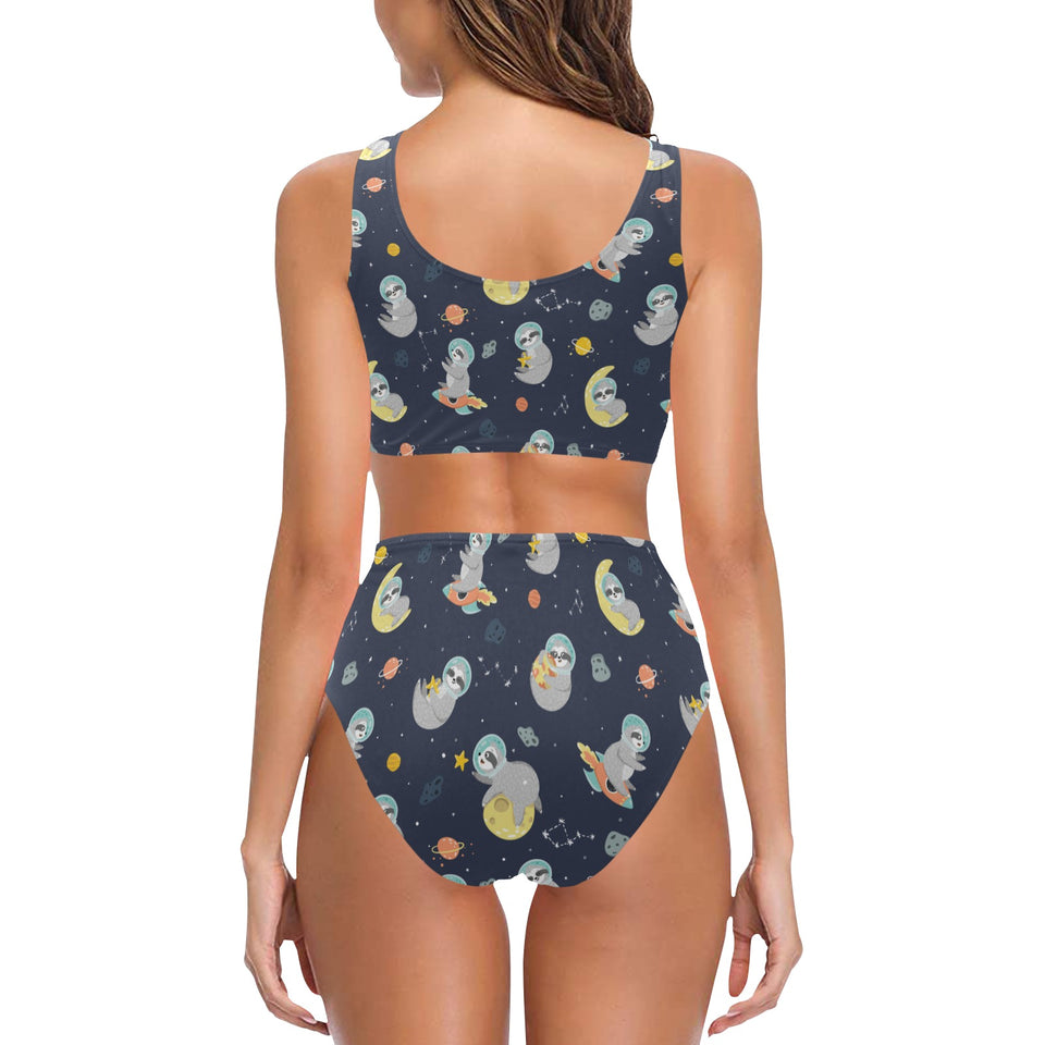 Cute sloth astronaut star planet rocket pattern Chest Bowknot High Waisted Bikini Swimsuit