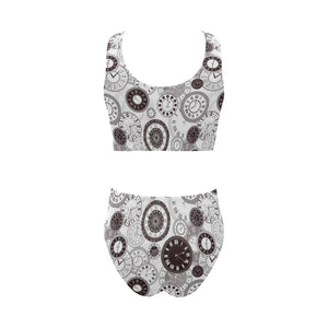 Classic vintage clock pattern Chest Bowknot High Waisted Bikini Swimsuit