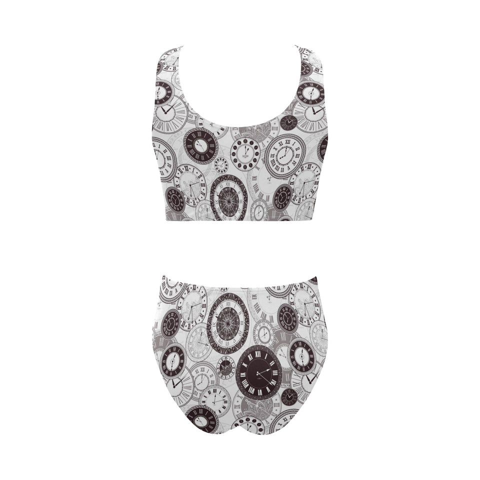Classic vintage clock pattern Chest Bowknot High Waisted Bikini Swimsuit