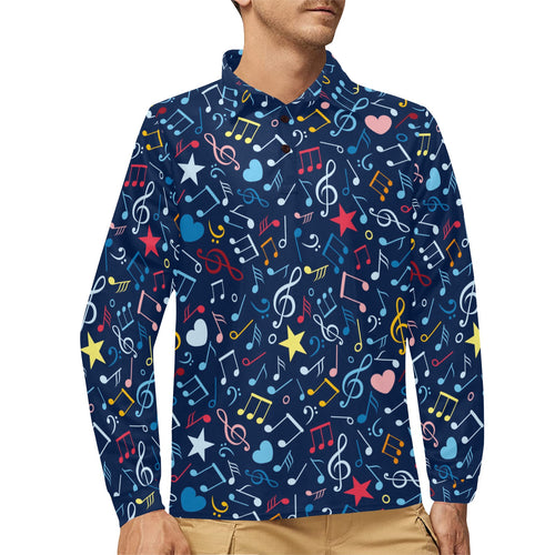 Music Notes Pattern Print Design 03 Men's Long Sleeve Polo Shirt