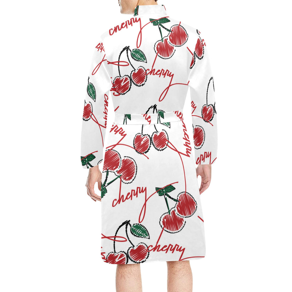 Hand drawn cherry pattern Men's Long Sleeve Belted Night Robe