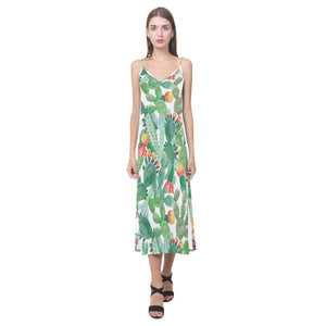 Cactus design pattern copy V-Neck Open Fork Long Dress