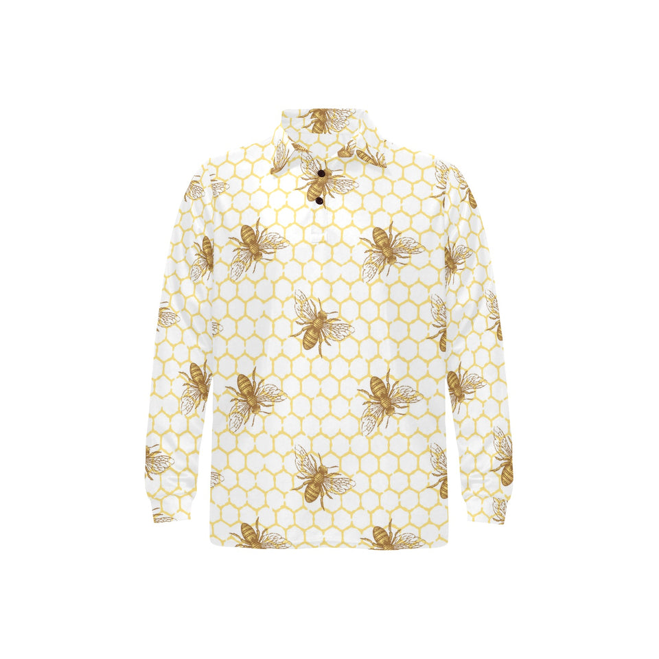 Bee honeycomb seamless design pattern Men's Long Sleeve Polo Shirt