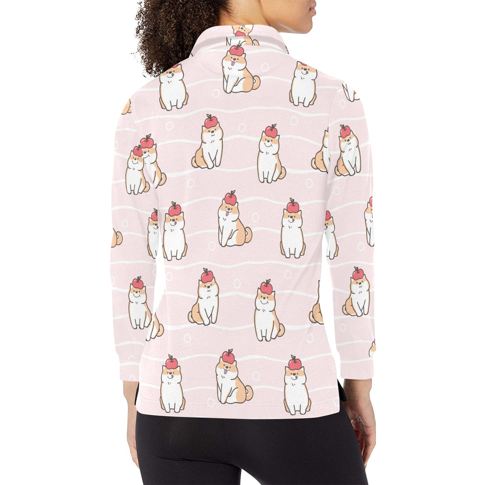 Cute Shiba Inu Dog Apple pattern Women's Long Sleeve Polo Shirt