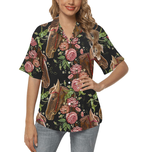 Horse head wild roses pattern Women's All Over Print Hawaiian Shirt