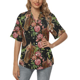 Horse head wild roses pattern Women's All Over Print Hawaiian Shirt