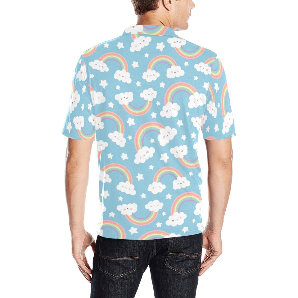 Cute rainbow clound star pattern blue background Men's All Over Print Polo Shirt