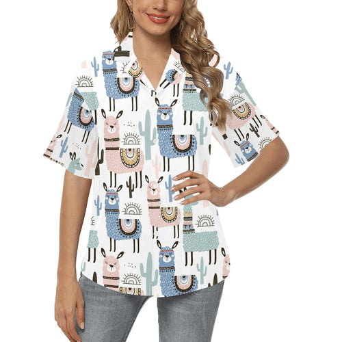 lama Alpaca cactus hand drawn pattern Women's All Over Print Hawaiian Shirt
