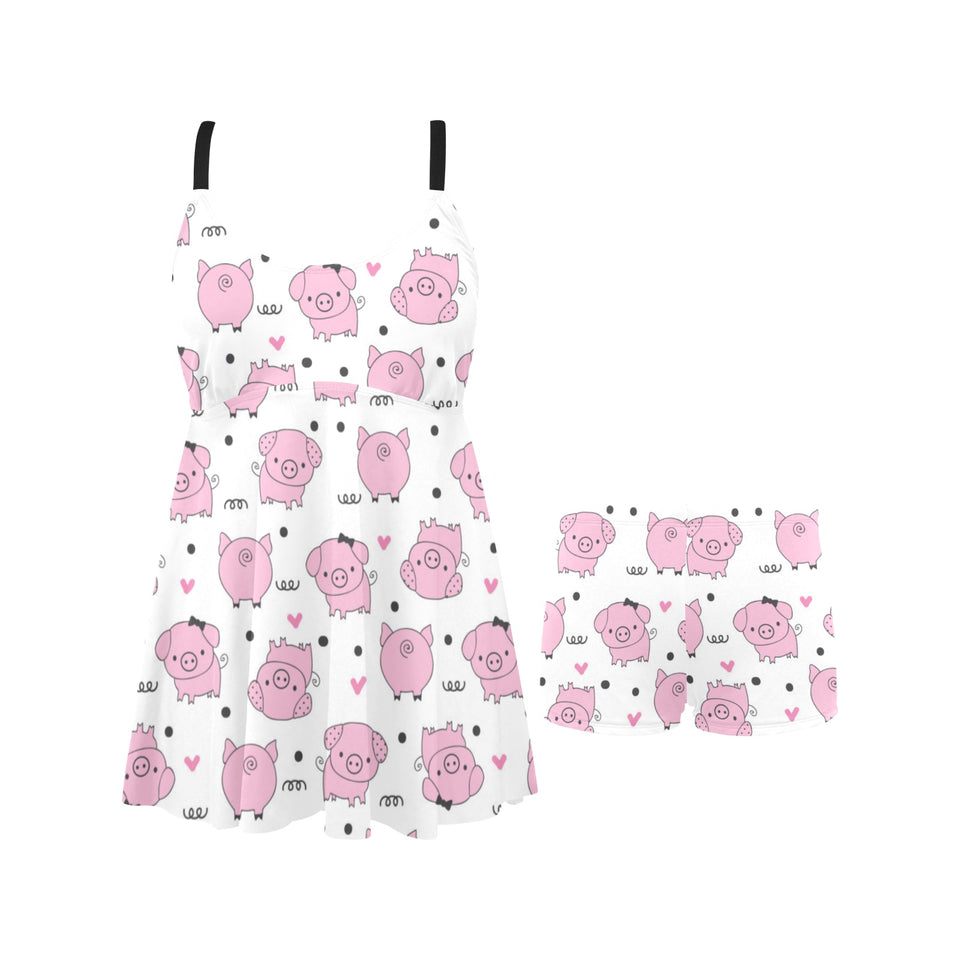Pig Pattern Print Design 03 Chest Sexy Pleated Two Piece Swim Dress