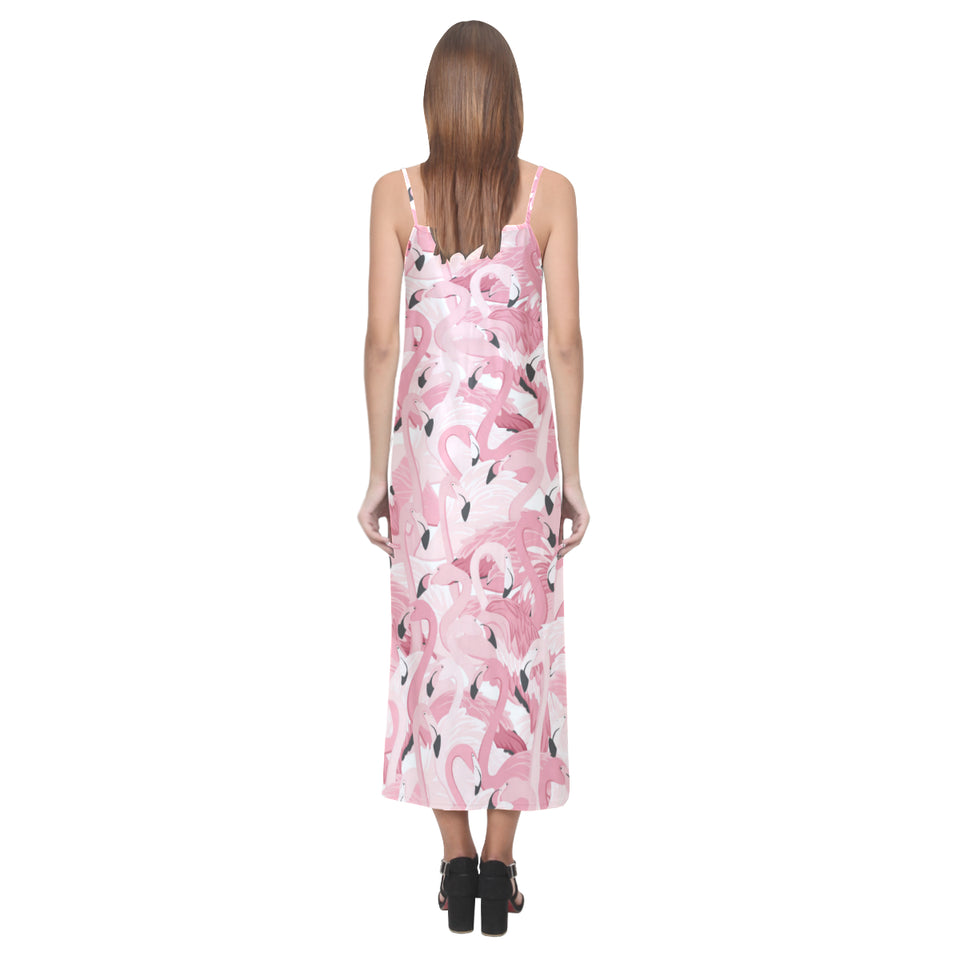 Pink flamingos pattern background V-Neck Open Fork Long Dress