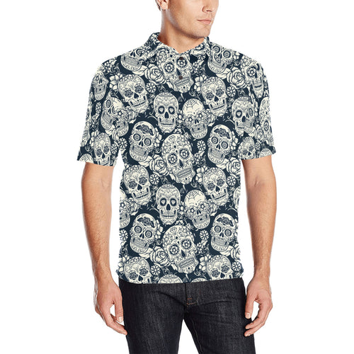 Sugar skull black white pattern Men's All Over Print Polo Shirt