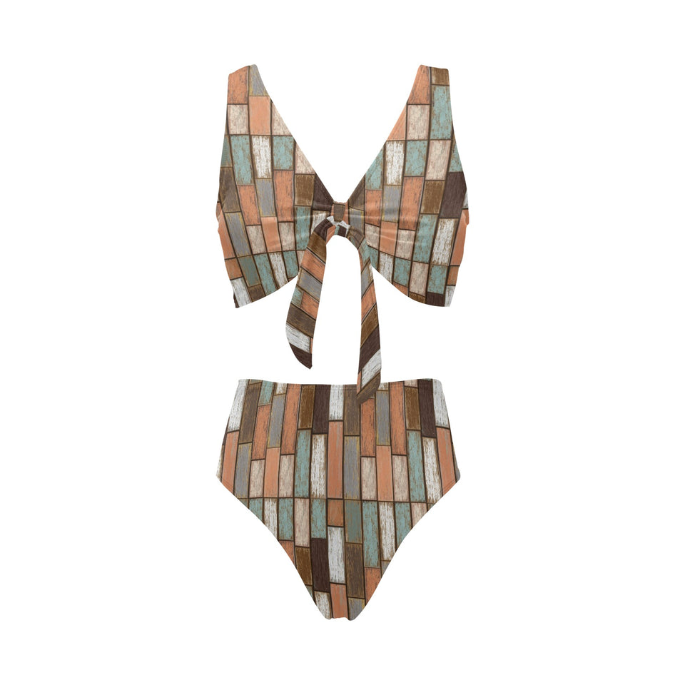 Wood Printed Pattern Print Design 02 Chest Bowknot High Waisted Bikini Swimsuit