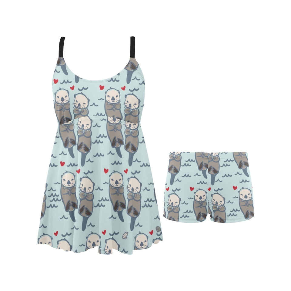 Lovely Sea Otter Pattern Chest Sexy Pleated Two Piece Swim Dress