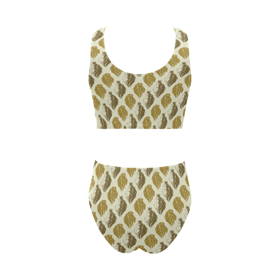Lion Pattern Print Design 02 Chest Bowknot High Waisted Bikini Swimsuit