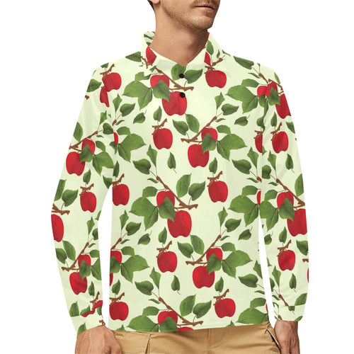 Red apples leaves pattern Men's Long Sleeve Polo Shirt
