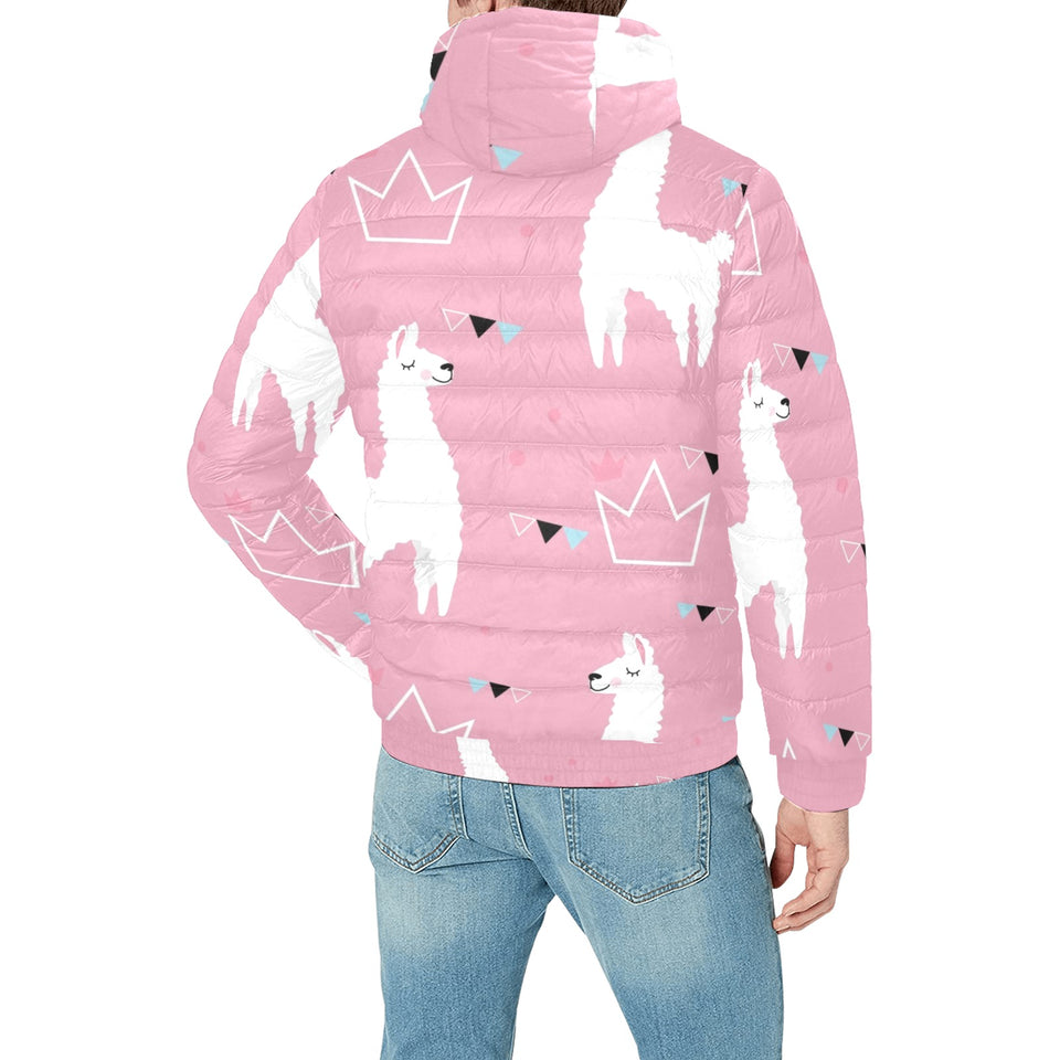Llama Alpaca pink background Men's Padded Hooded Jacket