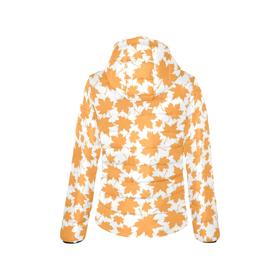Orange Maple Leaf pattern Women's Padded Hooded Jacket