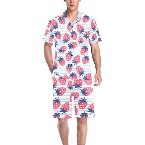 Strawberry pattern blue lines background Men's V-Neck Short Pajama Set