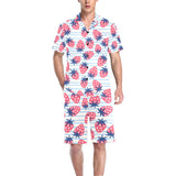 Strawberry pattern blue lines background Men's V-Neck Short Pajama Set