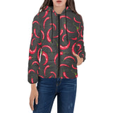 Chili peppers pattern black background Women's Padded Hooded Jacket